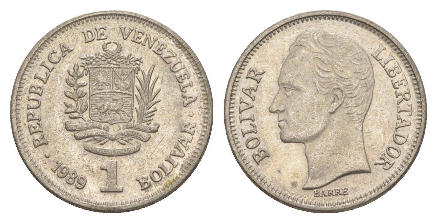 Венесуэла 1 боливар 1989 Симон Боливар, тонкий шрифт Y 52a.1 сталь плакированная никелем 4591-215