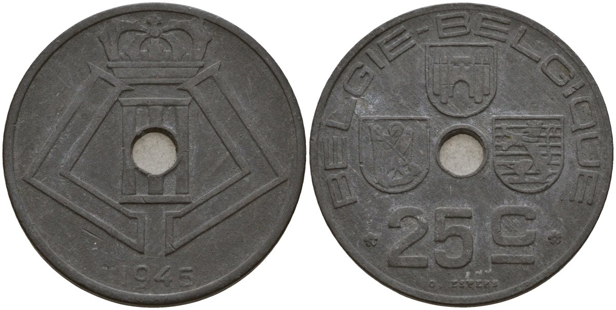 Бельгия 25 сантимов 1945 Belgie - Belgique, Леопольд III (1934-1947), германская оккупация, Вторая мировая война KM 132 цинк 4157-644