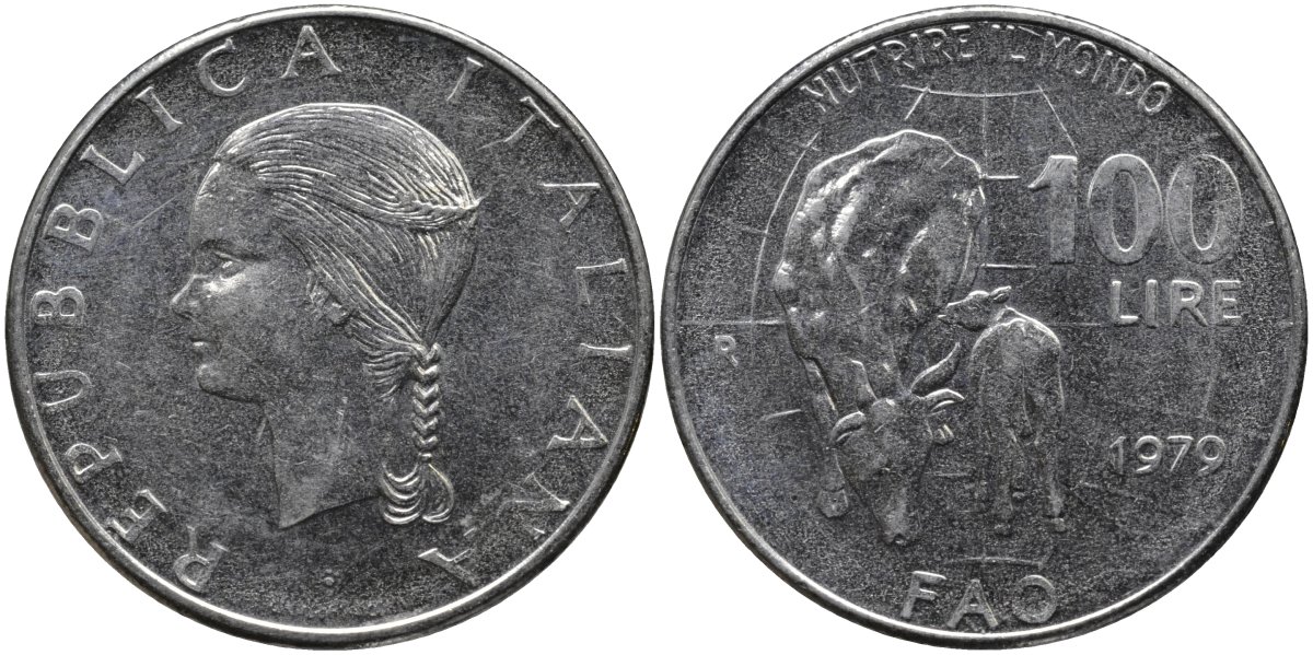 Италия 100 лир 1979 R, FAO, корова с теленком KM 106 нержавеющая сталь 4165-115