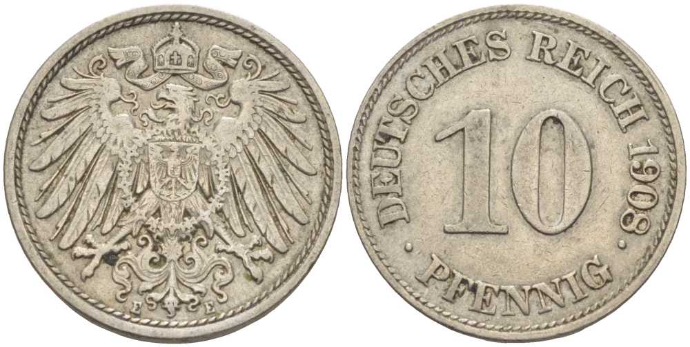 ГЕРМАНИЯ 10 ПФЕННИГОВ 1908 E KM 12, J. 13 медно-никель 31-251
