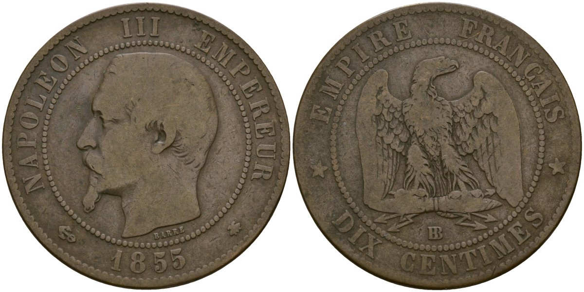 Франция 10 сантимов 1855 BB - Страсбург, Наполеон III (1852 - 1870) KM 771 бронза 4168-624