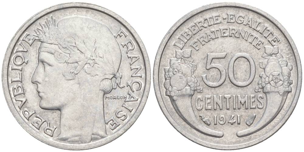 ФРАНЦИЯ 50 САНТИМОВ 1941 ТИП MORLON LOURDE KM 894.1a, LE FRANC 193.2 алюминий 44-315