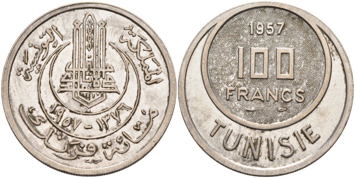 Тунис 100 франков 1957 KM 276 медно-никель 4590-1023