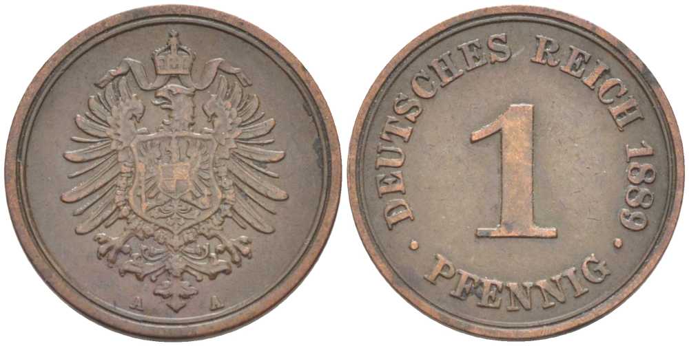 ГЕРМАНИЯ 1 ПФЕННИГ 1889 А, СТАРОГЕРБОВКА KM 1, J. 1 медь 112-529