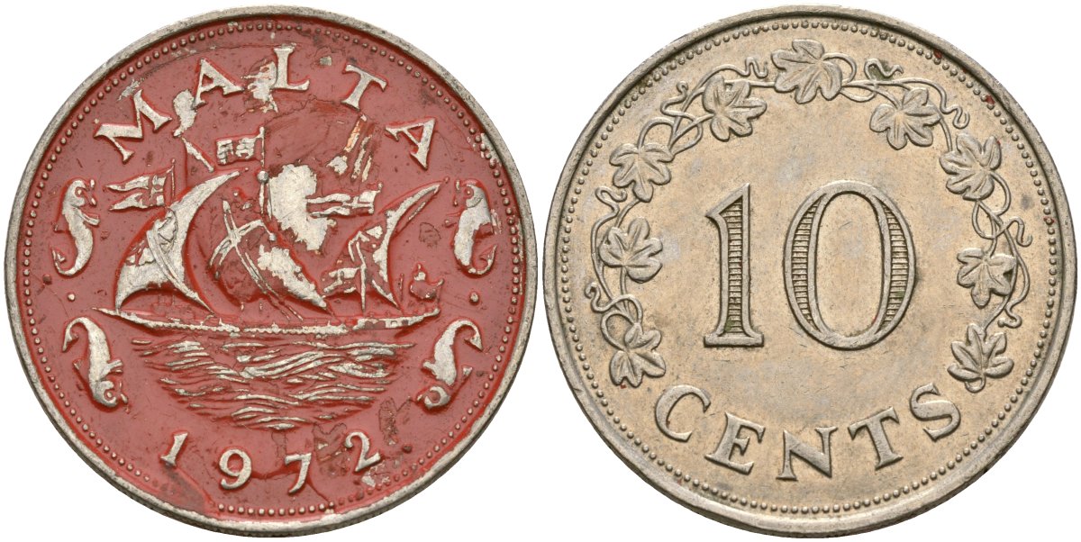 Мальта 10 центов 1972 баржа Великого магистра KM 11 медно-никель 4137-815