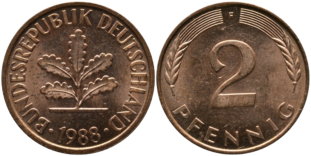 ФРГ 2 ПФЕННИГА 1988 F KM 106а, J.381а сталь плакированная сталь плакированная медьюю 33-245