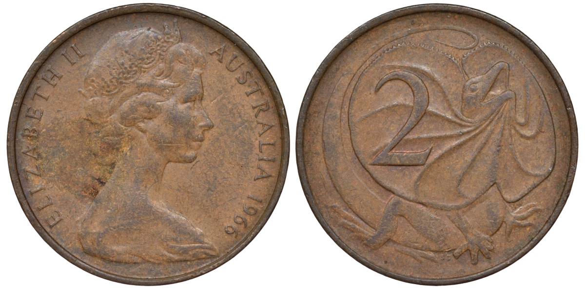 Австралия 2 цента 1966 Елизавета II (1952-), плащеносная ящерица KM 63 бронза 4556-1026