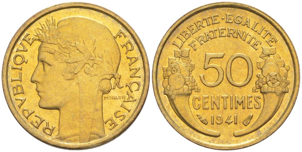 ФРАНЦИЯ 50 САНТИМОВ 1941 ТИП MORLON KM 894.1, LE FRANC 192.18 алюминиевая бронза 44-463