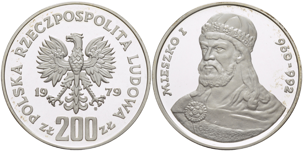 Польша 200 злотых 1979 MW, серия польские правители, Мешко I (960-992) KM 101, Parchimowicz 307 серебро PROOF 1085-1-51