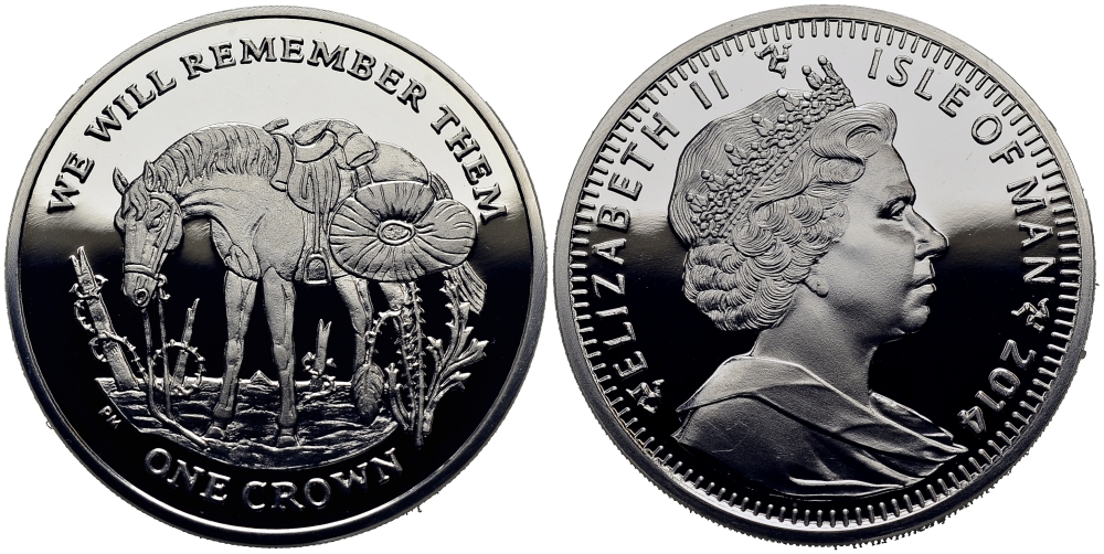 Остров Мэн 1 крона 2014 в память героев первой мировой войны, одинокая лошадь KM NEW серебро  PROOF  1071-3-34