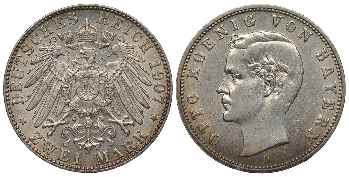 Бавария 2 марки 1907 D, Отто (1886-1913) Weege 44, J. 45, KM 511 серебро 000-000