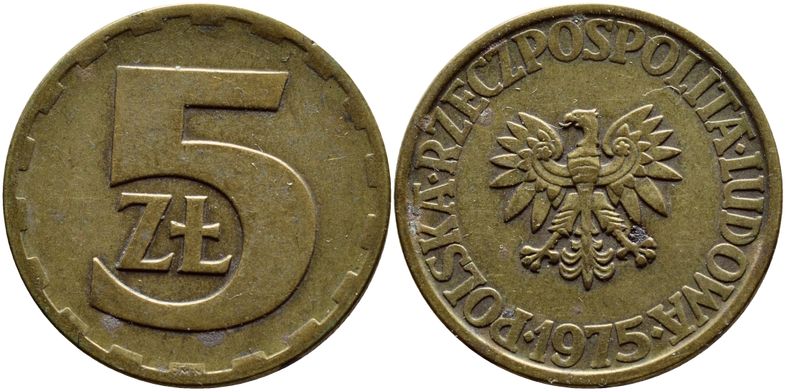 ПОЛЬША 5 ЗЛОТЫХ 1975 ЛЕНИНГРАДСКИЙ МОНДВОР KM 81.1 латунь 4390-533