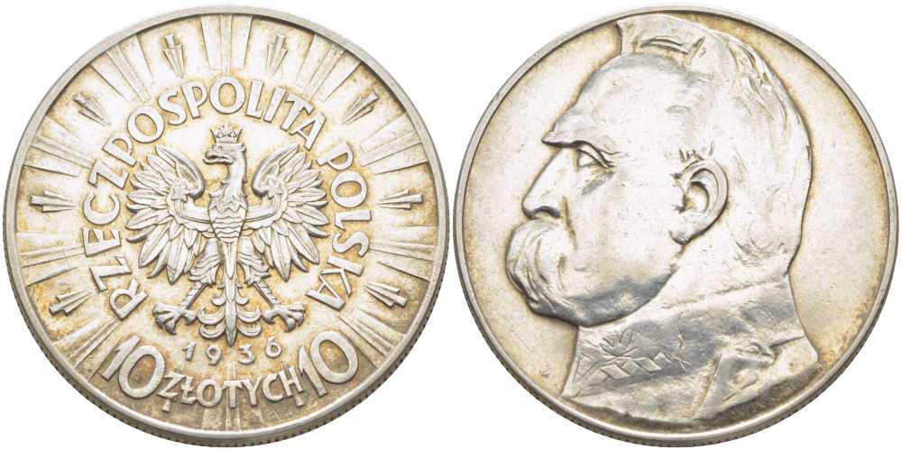 Польша 10 злотых 1936 w, Юзеф Пилсудский KM 29, Parchimowicz 124c серебро 5010-1112