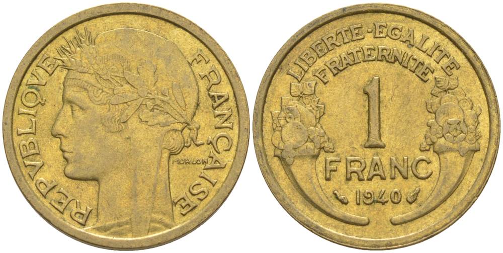 Франция 1 франк 1940 тип Морлон KM 885, LE FRANC 219.11 алюминиевая бронза 3853-214