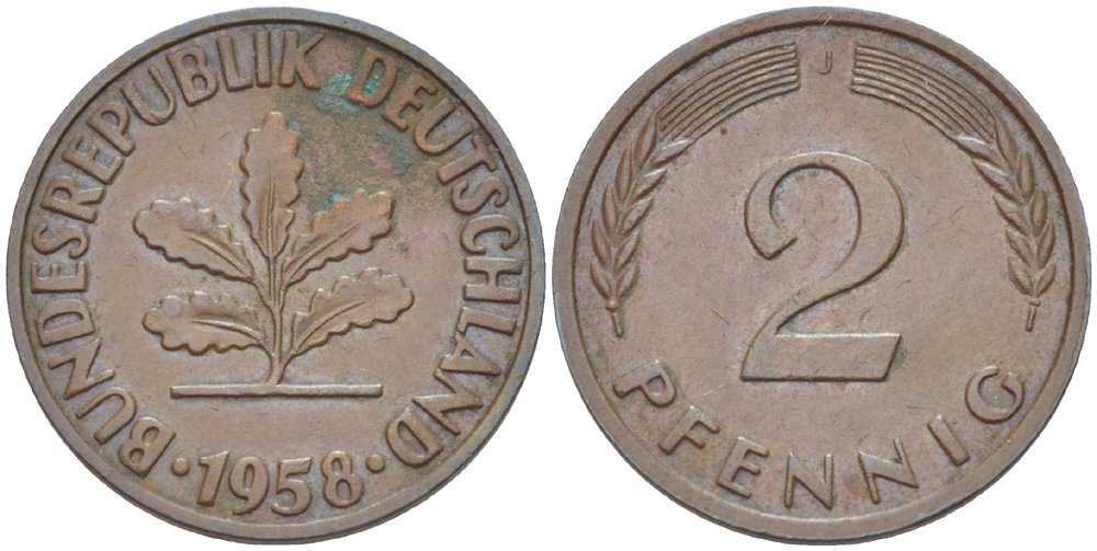 ФРГ 2 ПФЕННИГА 1958 J KM 106, J. 381 бронза 4181-717