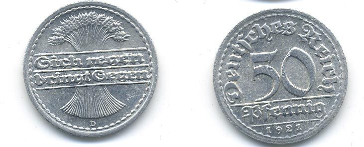ГЕРМАНИЯ 50 ПФЕННИГОВ 1921 D KM 27, J. 301 алюминий 58-432