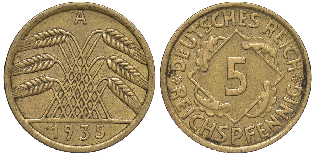 Германия 5 рейхспфеннигов 1935 A KM 39, J. 316 алюминиевая бронза 4602-1245