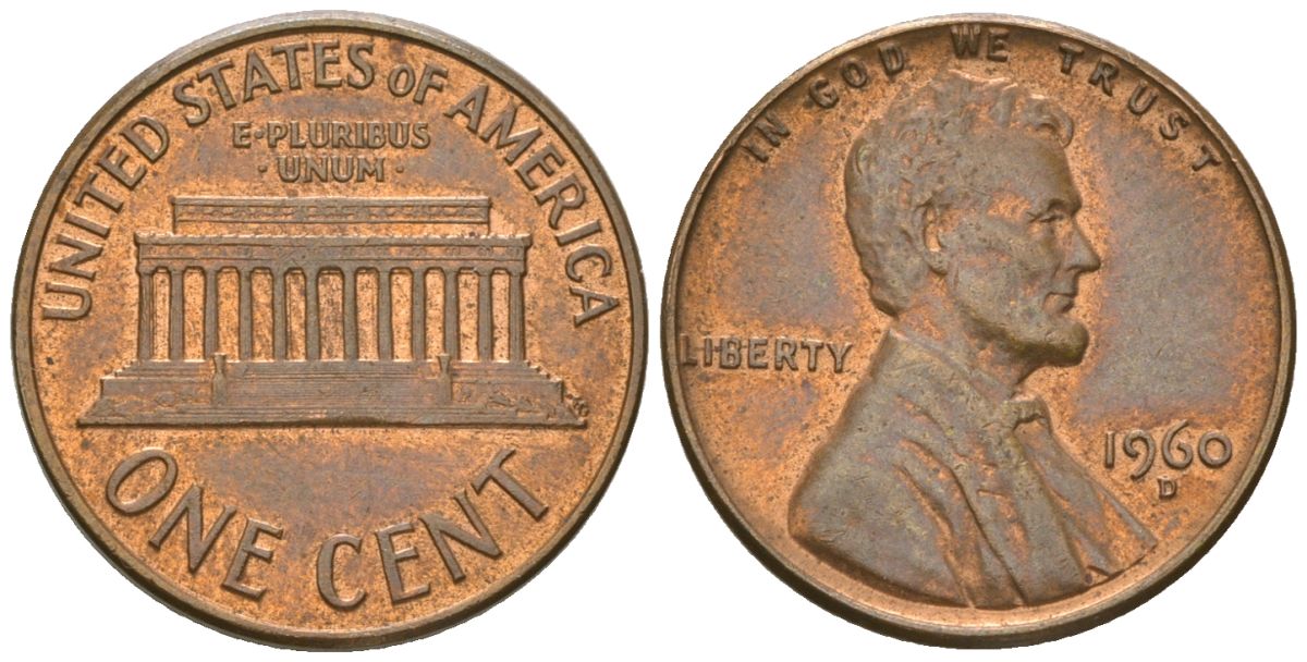 США 1 цент 1960 D, Линкольн KM 201 медь цинк UNC 4549-464
