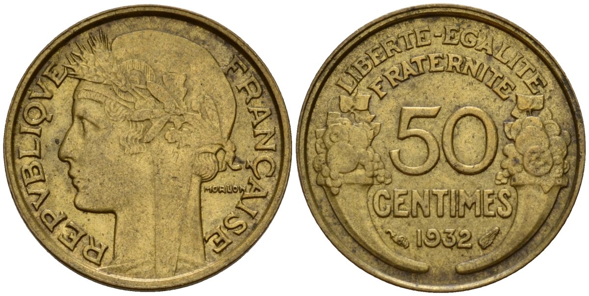 Франция 50 сантимов 1932 KM 894.1, Le Franc 192.15 алюминиевая бронза 4158-668