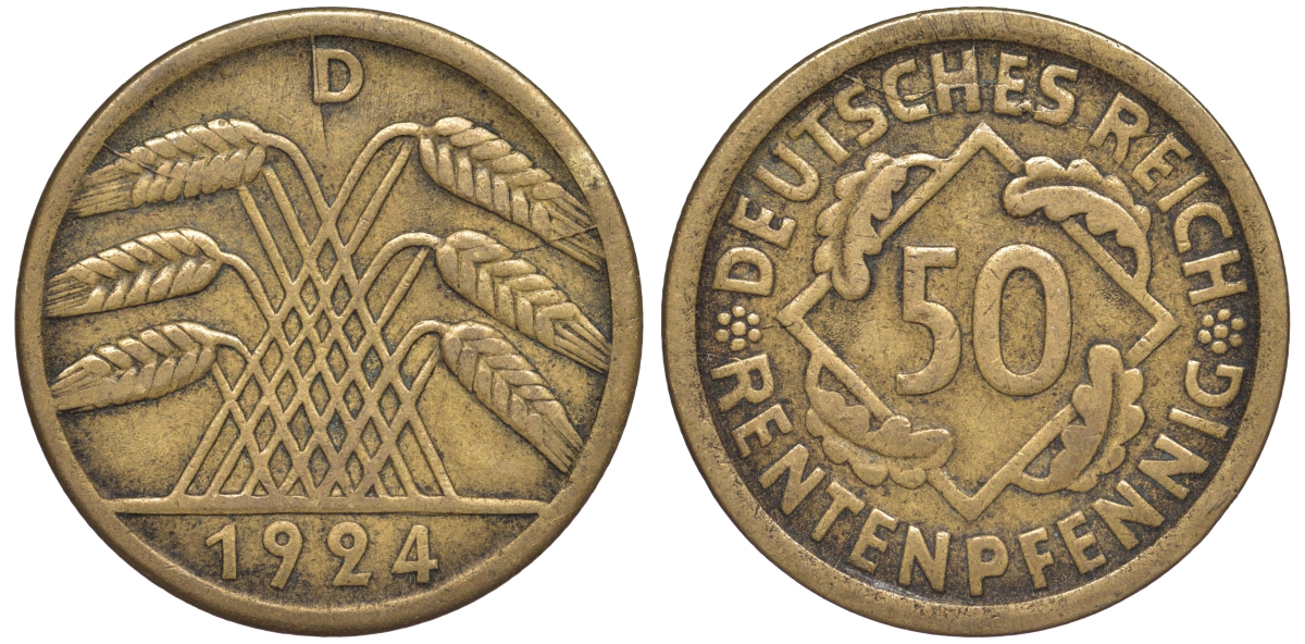 Германия 50 рентенпфеннигов 1924 D J. 310, KM 34 алюминиевая бронза 4118-324