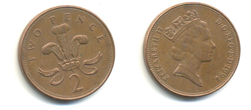 Великобритания 2 пенса 1994 Елизавета II (1952-2022) KM 936а, Spink 4386 (C4) сталь плакированная медью 177-837