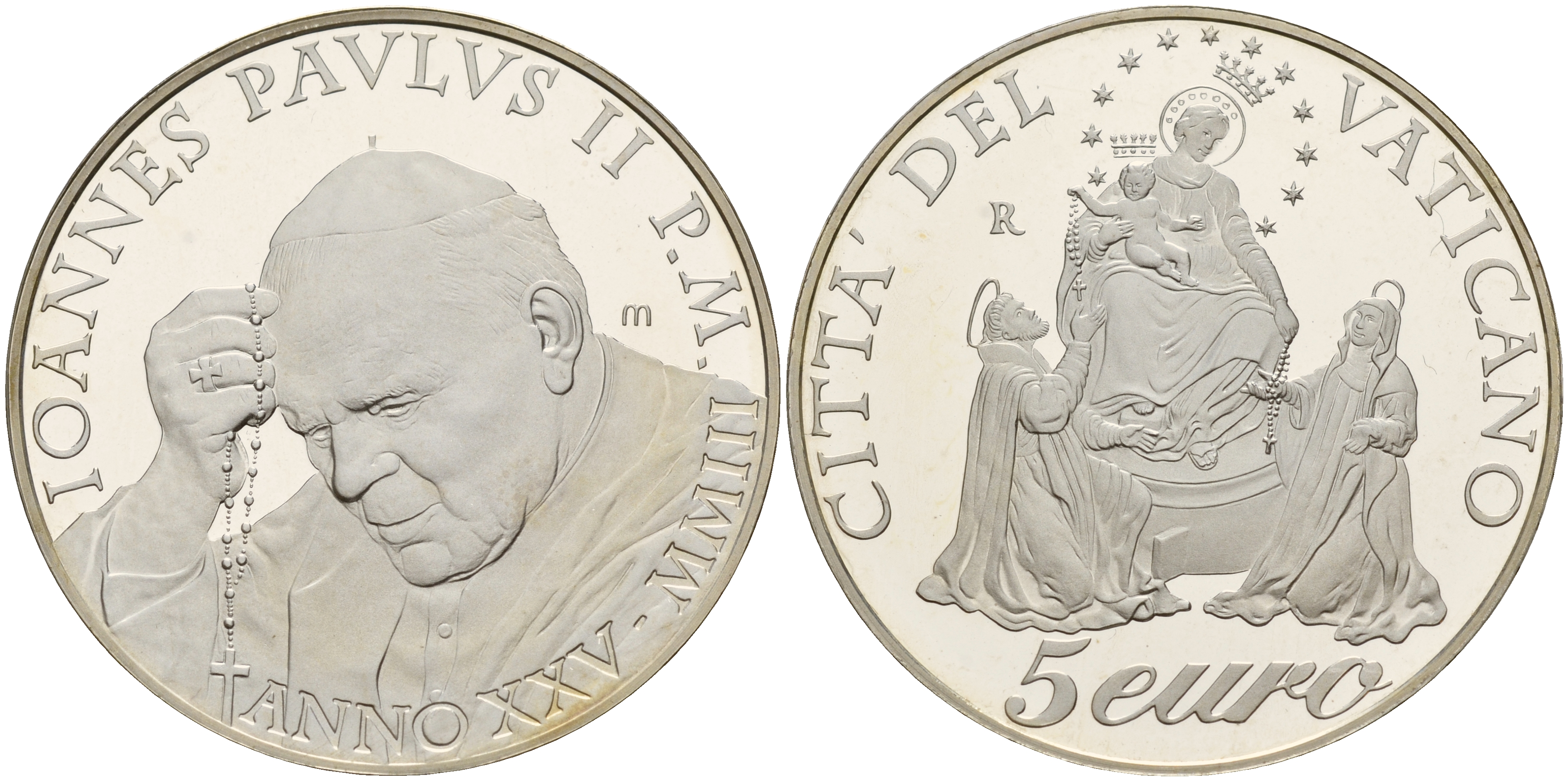 Ватикан 5 евро 2003 R, молитвенный год, в оригинальной коробке с сертификатом KM 354 серебро PROOF 2-4-2-27