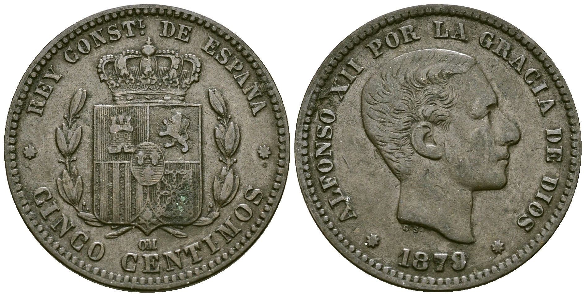 Испания 5 сентимо 1879 ОМ, Король Альфонсо XII (1874 - 1885) KM 674 бронза 4577-843