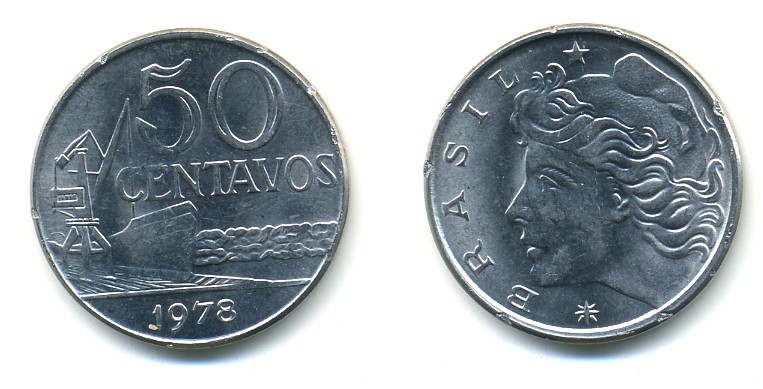 Бразилия 50 сентаво 1978 голова свободы влево KM 580b, Schon 85b нержавеющая сталь 4379-1033