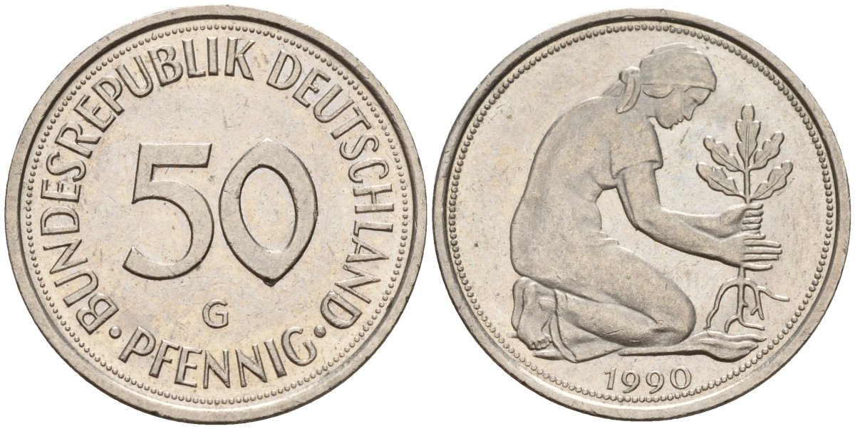 ФРГ 50 пфеннигов 1990 G KM 109, J. 384 медно-никель 4177-827