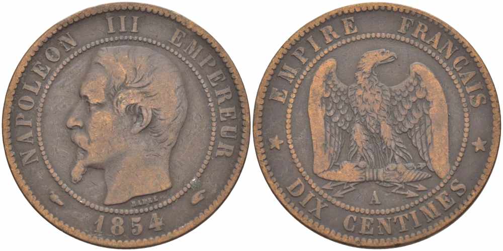 ФРАНЦИЯ 10 САНТИМОВ 1854 A, НАПОЛЕОН III (1852-1870) KM 771.1, LE FRANC 133.10 бронза 38-932