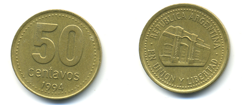 Аргентина 50 сентаво 1994 здание конгресса Тукумана, узкие буквы KM 111.1 алюминиевая бронза 3999-137