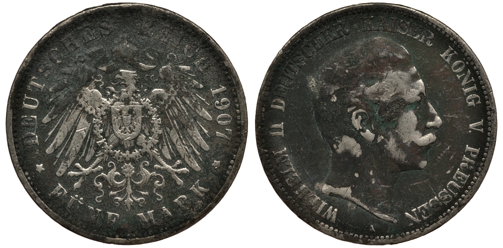 Пруссия 5 марок 1907 Вильгельм II (1888-1918) KM 523, J.104 серебро    3711-143