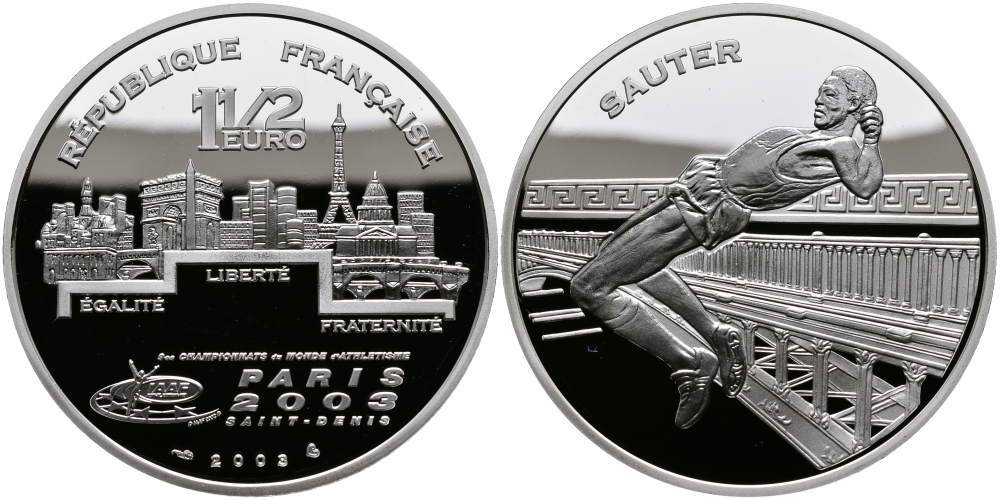 Франция 1 1/2 евро 2003 Чемпионат мира по лёгкой атлетике 2003 года в Сен-Дени, прыжки в высоту KM 1997 серебро PROOF 1095-3-23