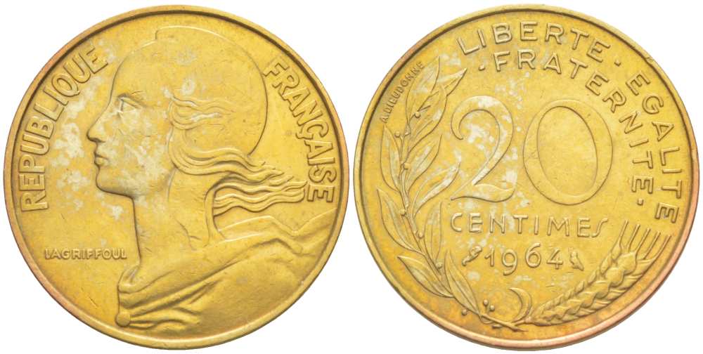 ФРАНЦИЯ 20 САНТИМОВ 1964 ТИП MARIANNE KM 930, LE FRANC 156.4 алюминиевая бронза 217-233