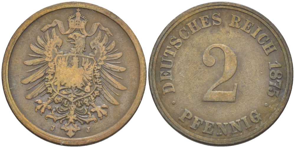 ГЕРМАНИЯ 2 ПФЕННИГА 1875 J, СТАРОГЕРБОВКА KM 2, J. 2, Weege 3 медь 212-535
