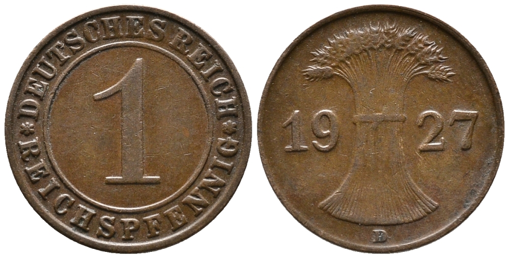 ГЕРМАНИЯ 1 РЕЙХСПФЕННИГ 1927 D KM 37, J. 313 бронза 39-928