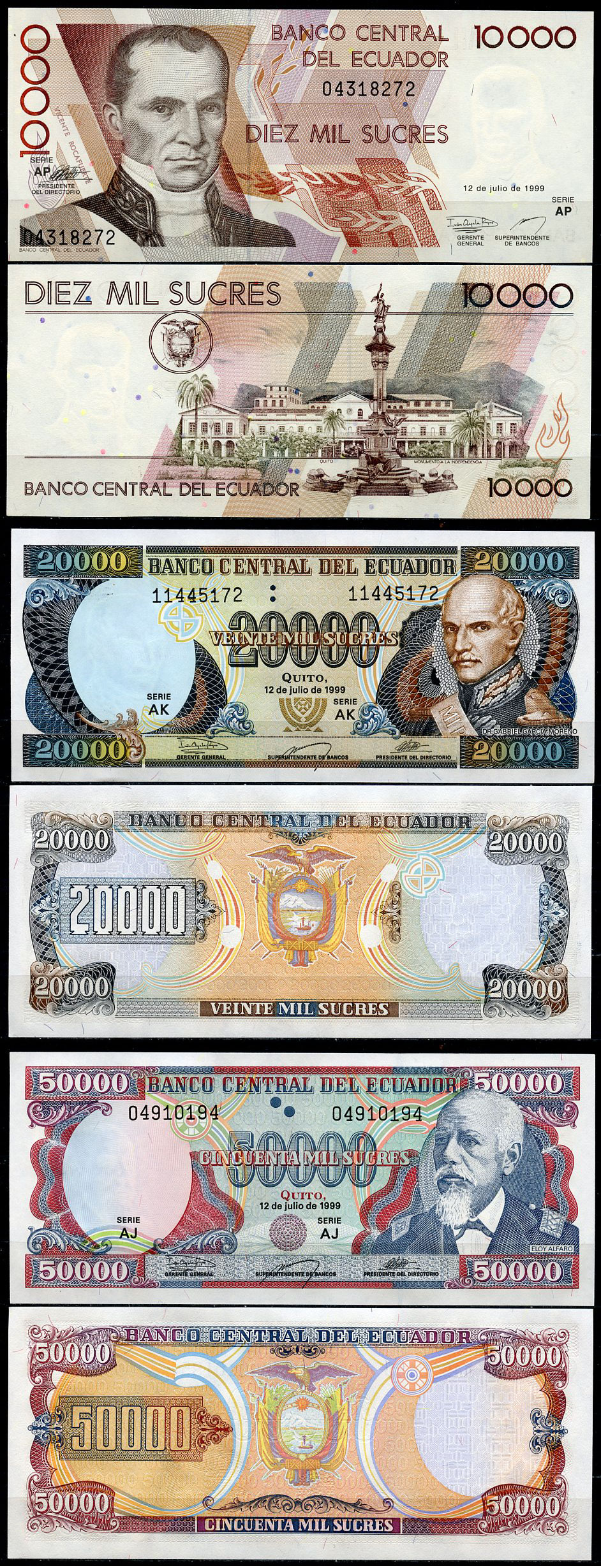 Эквадор 10000, 20000 и 50000 сукре 1999  Pick 127 e, 129 f, 130 c  бумага  UNC (пресс) 447-94-1