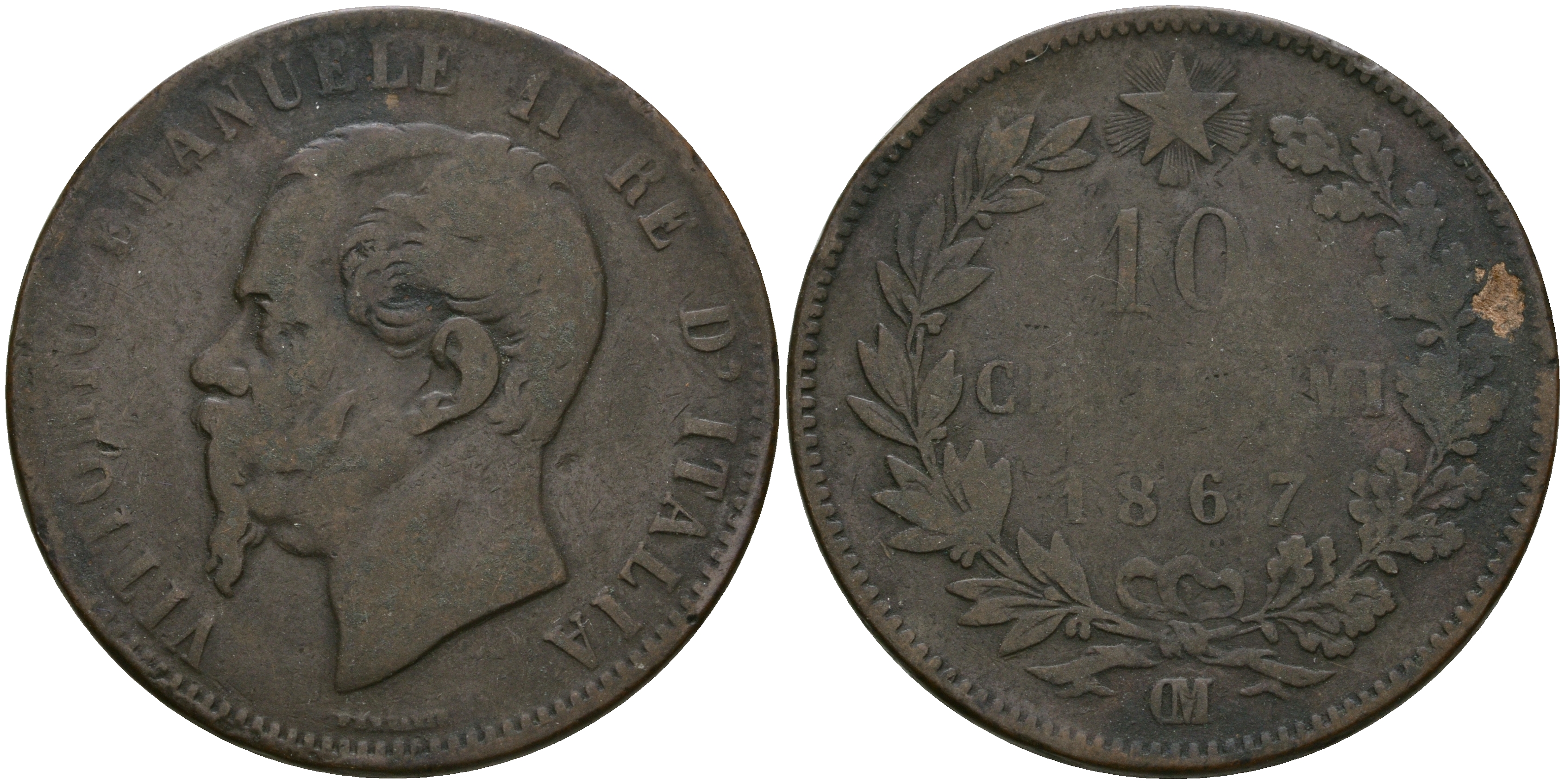Италия 10 чентезимо 1867 OM, Виктор Эммануил II (1861-1878) KM 11.5 медь 08-825