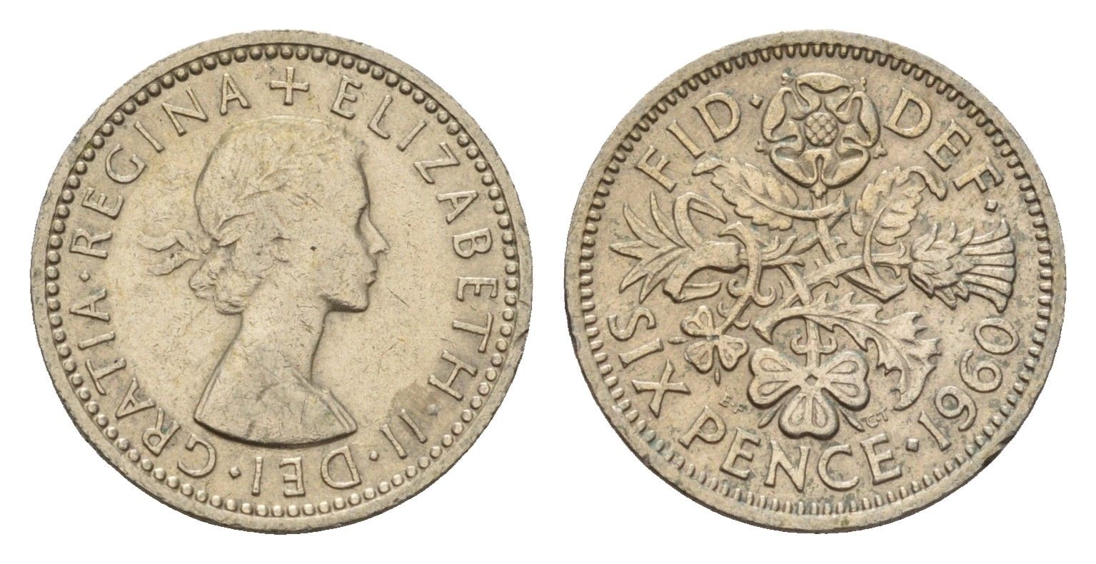 Великобритания 6 пенсов 1960 Елизавета II (1952-2022) KM 903, Spink 4149 медно-никель 100-754