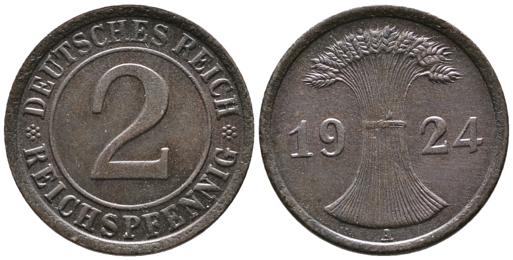 ГЕРМАНИЯ 2 РЕЙХСПФЕННИГА 1924 A KM 38, J. 314 бронза 24-717