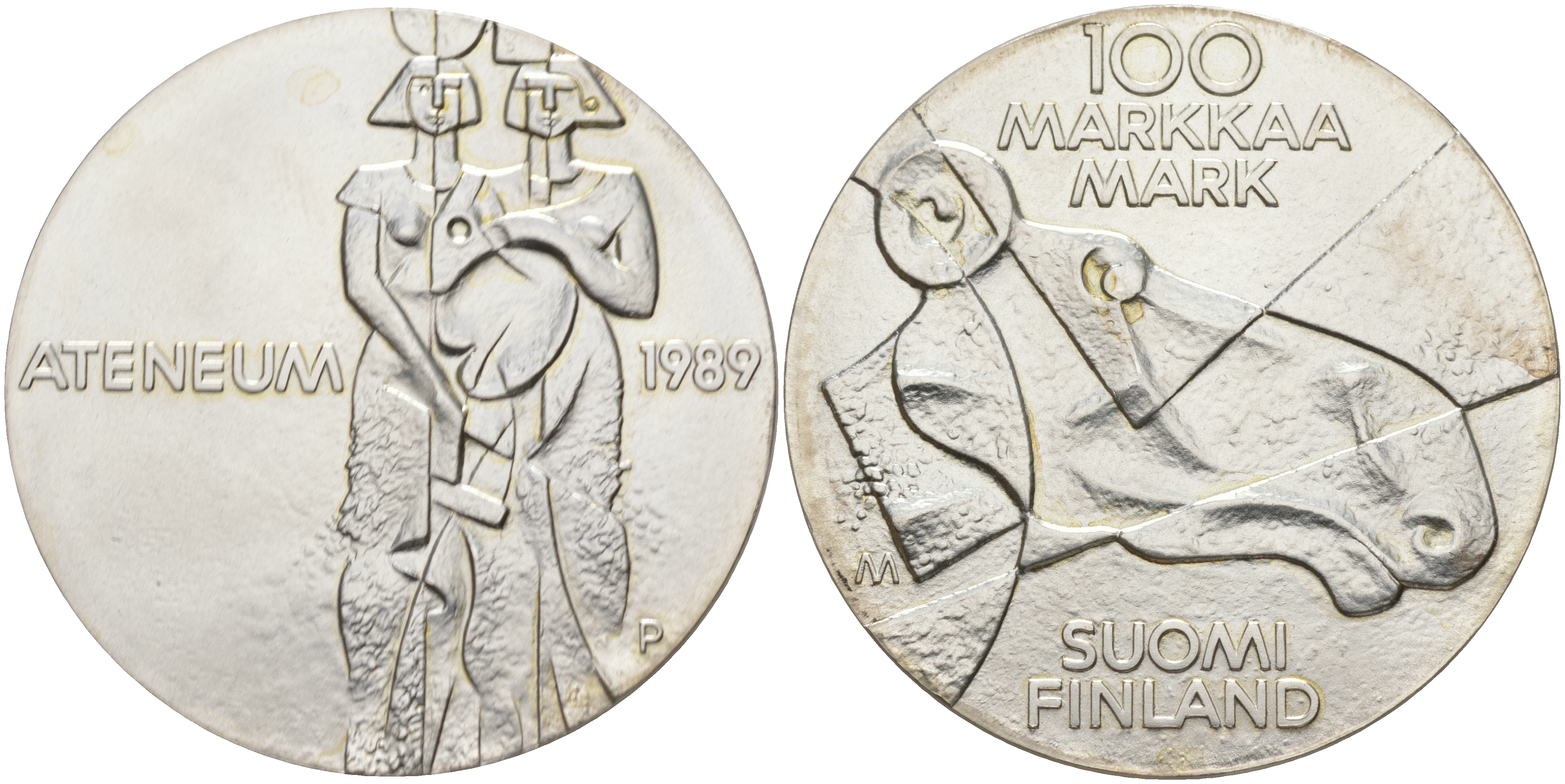 Финляндия 100 марок 1989 Центральный художественный музей Атенеум, лось KM 75 серебро UNC 1523-643