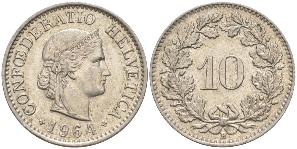 ШВЕЙЦАРИЯ 10 РАППЕНОВ 1964 В KM 27 медно-никель 55-342