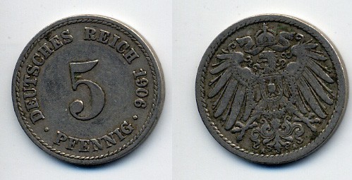 ГЕРМАНИЯ 5 ПФЕННИГОВ 1906 A, KM 11, J. 12 медно-никель 76-122