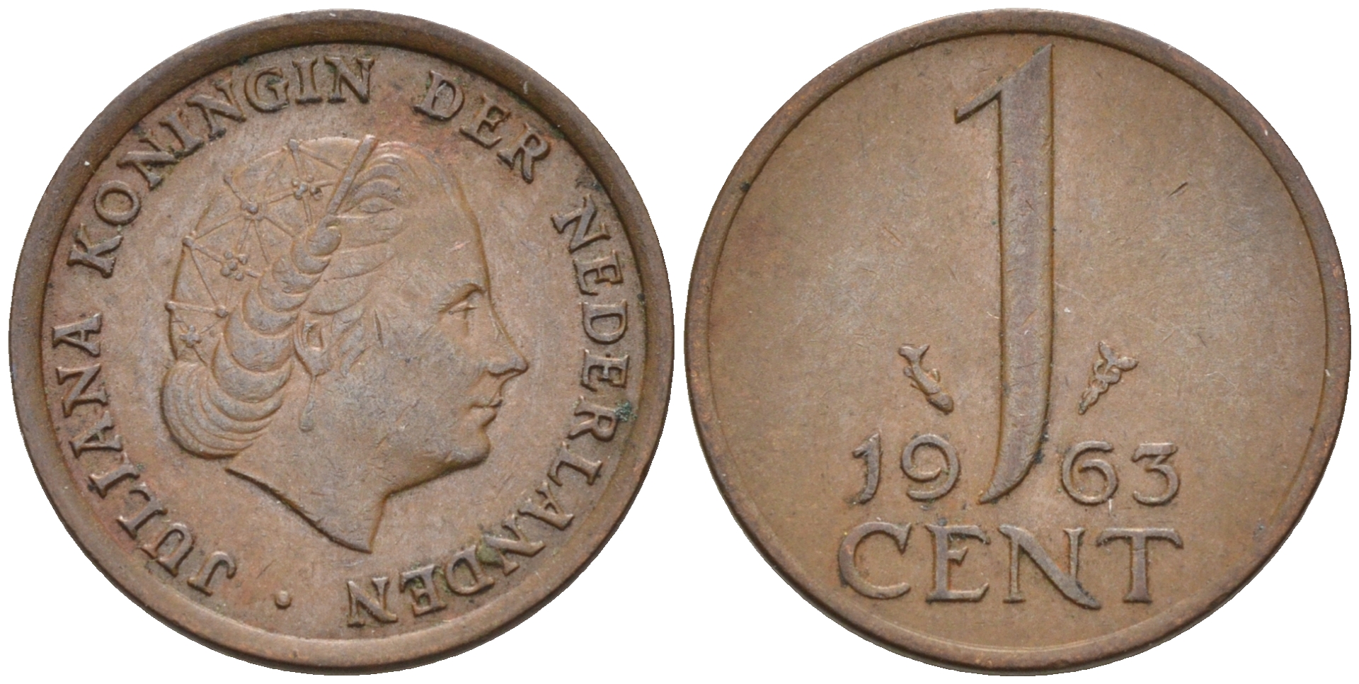 Нидерланды 1 цент 1963 Юлиана (1948-1980) КМ 180 бронза    4174-564