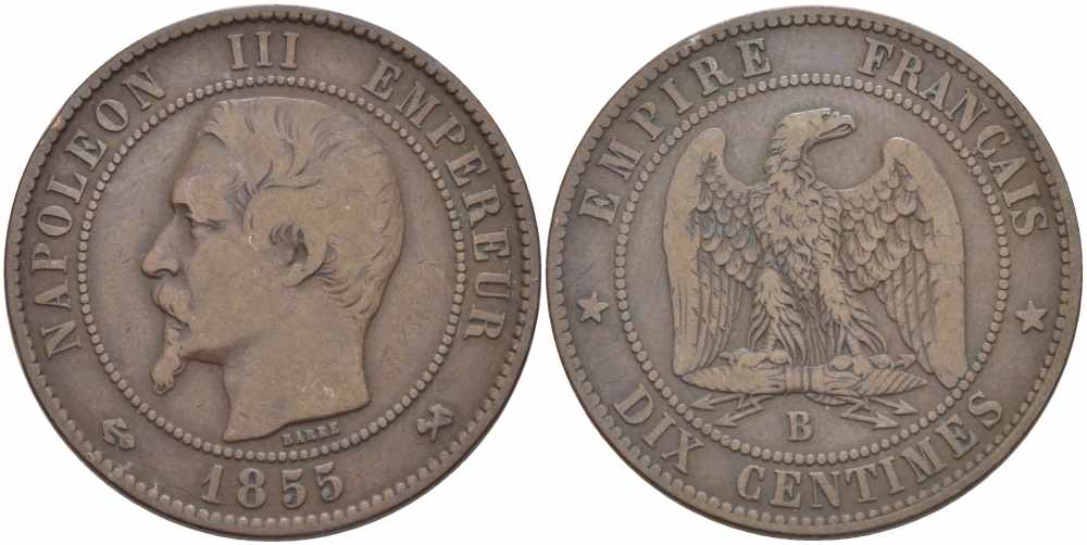 Франция 10 сантимов 1855 B, Наполеон III (1852-1870) KM 771.2, Le Franc 133.21 бронза    4680-531