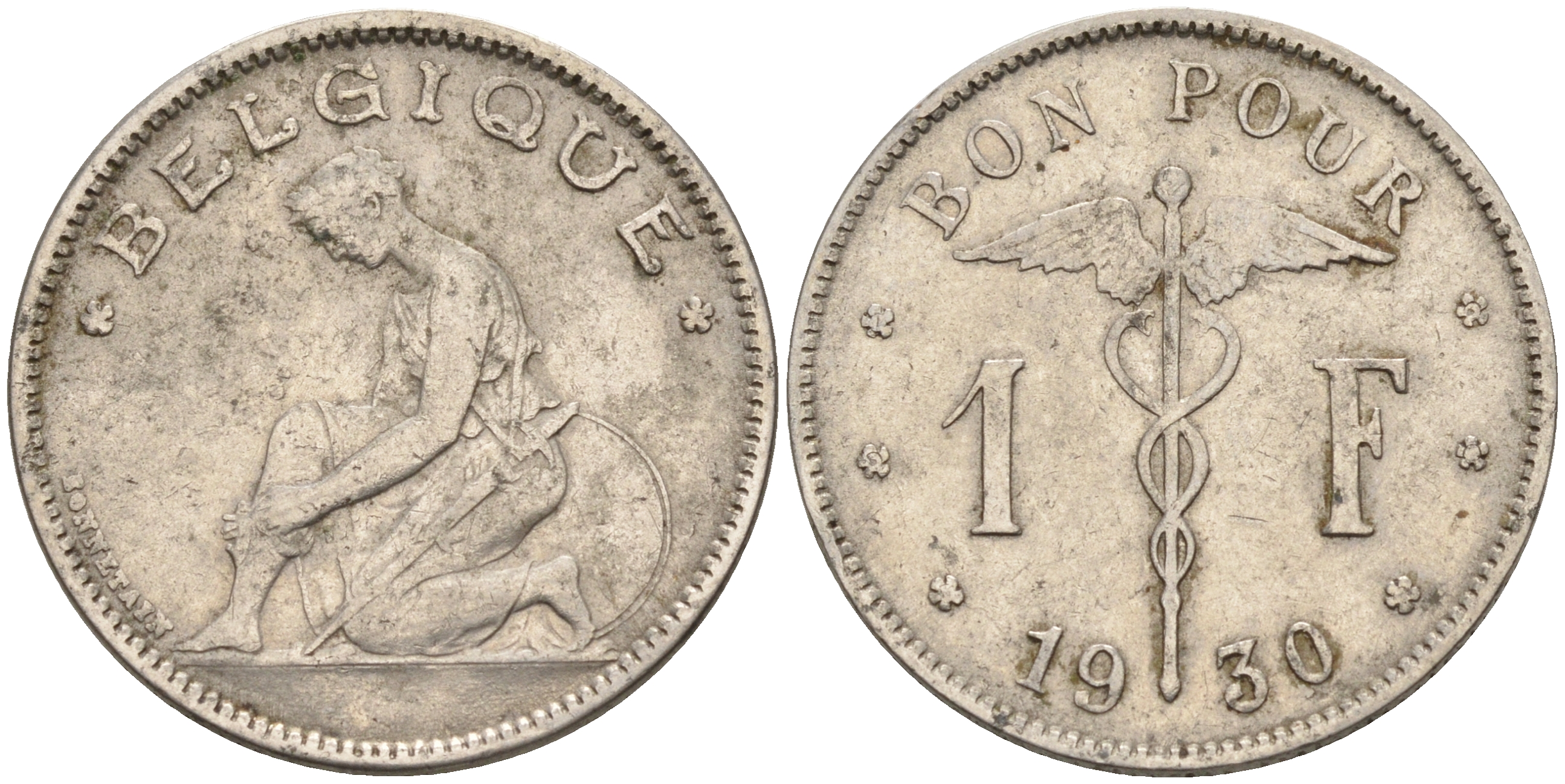 Бельгия 1 франк 1930 BELGIQUE KM 89 никель 4592-515