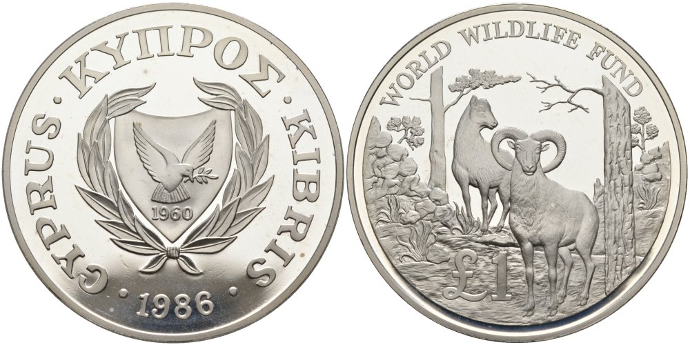 Кипр 1 фунт 1986 25 ЛЕТ ВСЕМИРНОМУ ФОНДУ ОХРАНЫ ПРИРОДЫ, МУФЛОН KM 59а серебро PROOF 01-170-34