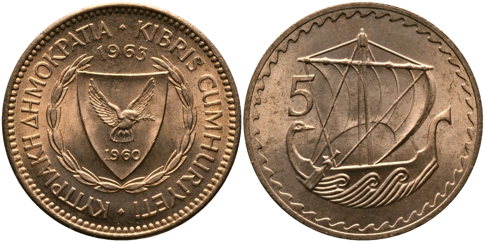 Кипр 5 милсов 1963 парусник KM 39 бронза aUNC 33-737