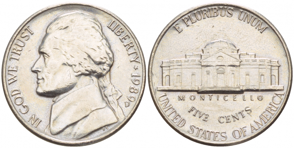 США 5 ЦЕНТОВ 1989 D, ДЖЕФФЕРСОН KM А192 медно-никель 4546-1217