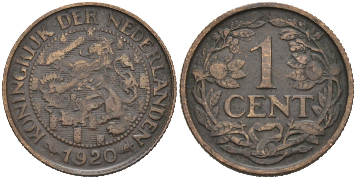 Нидерланды 1 цент 1920 Вильгельмина (1890-1948) KM 152 бронза 4576-728
